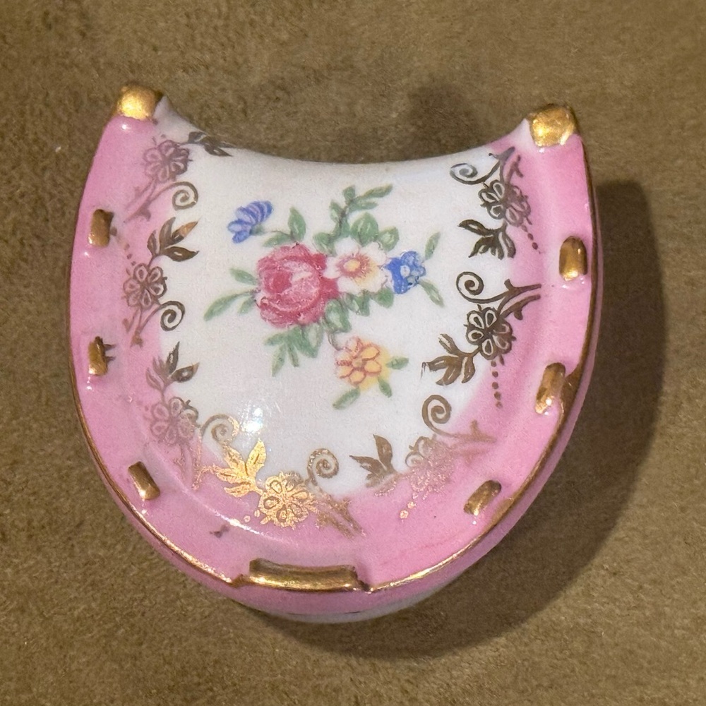Vintage Porcelain Ring Box Hand Painted Pink,  Green & Gold Leaf /Germany